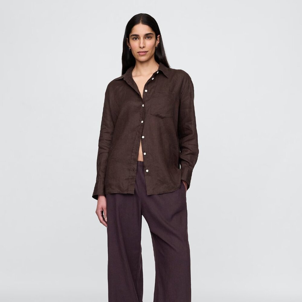GAP 100% Linen Oversized Shirt | Dark Brown | Size S Petite | NWT